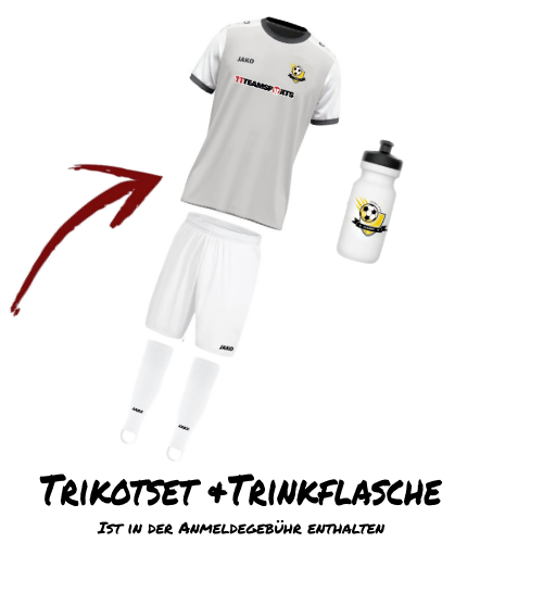 Darstellung des Ausstattungspakets der Fußballschule Hebbelkids Academy Dresden: Ein weißes Fußball-Trikot mit grauen Ärmeln und dem Logo der Academy, dazu die Aufschrift „11Teamsports“. Ergänzt wird das Set durch eine weiße Hose, Stutzen mit JAKO-Logo und eine weiße Trinkflasche mit dem Hebbelkids-Logo. Ein roter Pfeil zeigt auf die Ausrüstung, die auf weißen Hintergrund dargestellt ist.