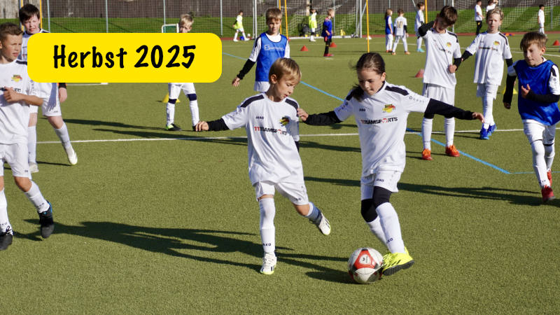 Mehrere Kinder spielen Fußball auf einem Kunstrasenplatz, einige tragen blaue Leibchen. Im Vordergrund versucht ein Junge, den Ball gegen ein Mädchen zu verteidigen. Beide tragen weiße Trikots mit dem Logo „Post SV Dresden“ und „TeamSports“. Links oben im Bild steht in einem gelben Kasten der Schriftzug „Herbst 2025“. Die Szene zeigt eine dynamische Spielsituation im Herbstcamp.