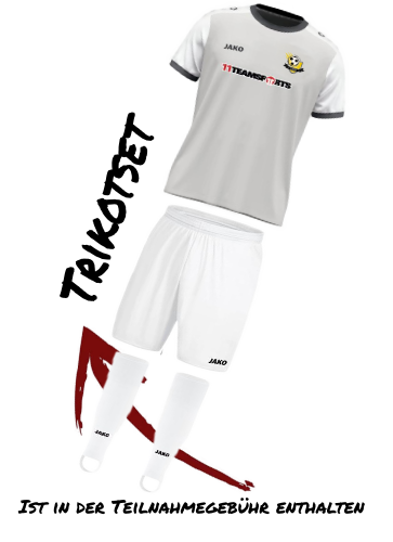 Darstellung des Ausstattungspakets der Fußballschule Hebbelkids Academy Dresden für das Herbstcamp 2025: Ein weißes Fußball-Trikot mit grauen Ärmeln und dem Logo der Academy, dazu die Aufschrift „11Teamsports“. Ergänzt wird das Set durch eine weiße Hose, Stutzen mit JAKO-Logo und eine weiße Trinkflasche mit dem Hebbelkids-Logo. Ein roter Pfeil zeigt auf die Ausrüstung, die auf weißen Hintergrund dargestellt ist.